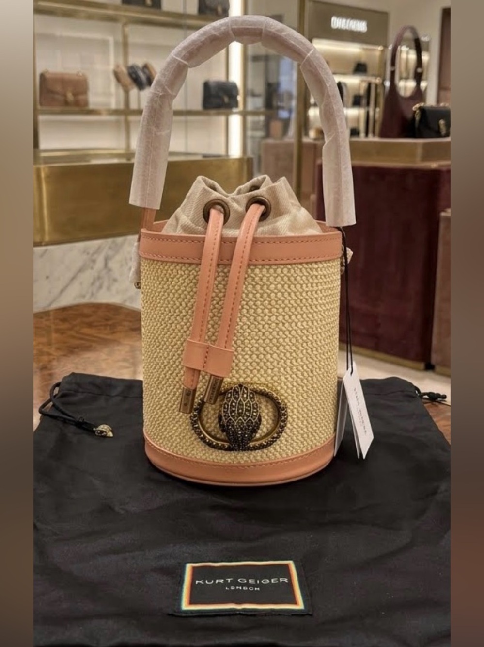 Kurt Geiger Beige Raffia Mini Bucket Bag with Blush Leather Trim